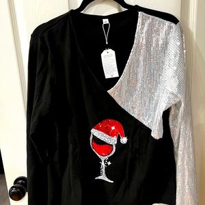 NWT Whimsical Christmas top XXL design on front faux wrap top silver sparkle